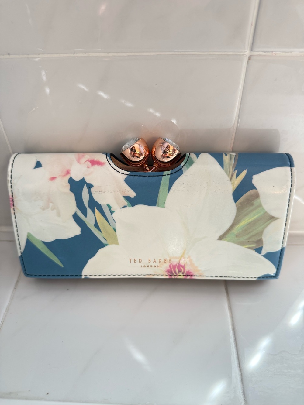 Ted Baker Blue Floral Wallet with Rose-Gold Clasp